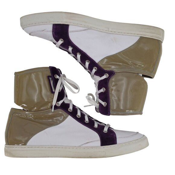 Alessandro Dell'Acqua Mens 9.5 White Tan Purple Patent Leather Fashion Sneakers - Picture 3 of 12